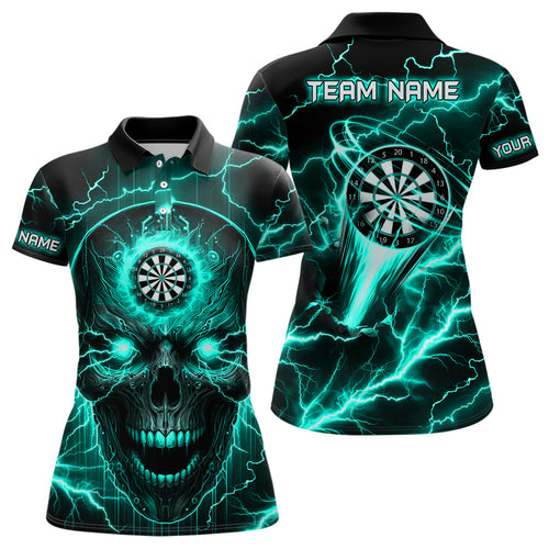 Turquoise Darts Skull Women Polo, Quarter-Zip Shirt Custom Lightning Thunder Team League Dart Jerseys TDM2838