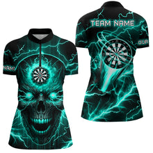 Load image into Gallery viewer, Turquoise Darts Skull Women Polo, Quarter-Zip Shirt Custom Lightning Thunder Team League Dart Jerseys TDM2838