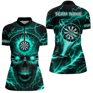 Turquoise Darts Skull Women Polo, Quarter-Zip Shirt Custom Lightning Thunder Team League Dart Jerseys TDM2838