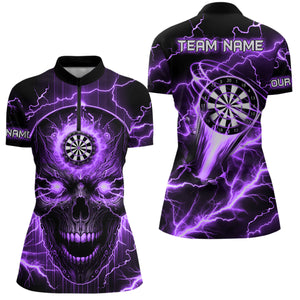 Purple Darts Skull Women Polo, Quarter-Zip Shirt Custom Lightning Thunder Team League Dart Jerseys TDM2839