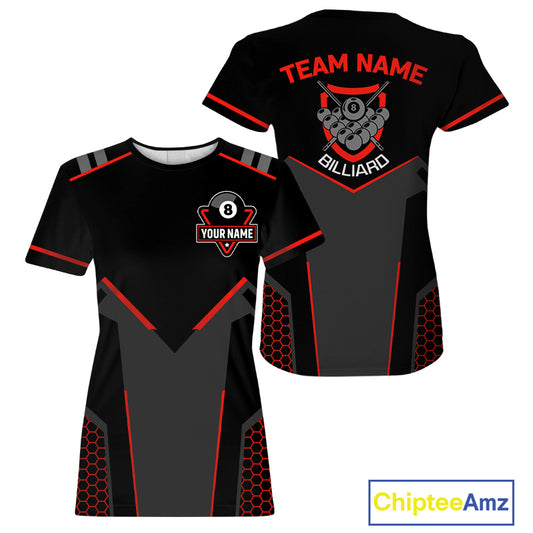 Personalized Black And Red 8 Ball Pool Billiard T-Shirt For Women Custom Billiard Team Jersey VHM1056