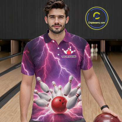 Custom Thunder Lightning Red & Purple Bowling Shirt For Men, Bowling Team Jersey Polo & 1/4 Zip TDM6189