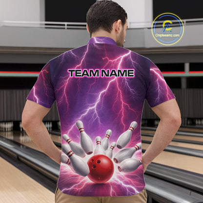Custom Thunder Lightning Red & Purple Bowling Shirt For Men, Bowling Team Jersey Polo & 1/4 Zip TDM6189