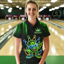 Load image into Gallery viewer, Woman wearing a green funny neon bowling ball bowling polo shirt front view.