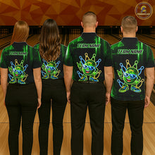 Load image into Gallery viewer, Back view of bowling team wearing matching green funny neon bowling ball bowling league jerseys.