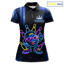 Load image into Gallery viewer, Blue funny neon bowling ball custom bowling polo shirt for women, personalized bowling team jersey for league tournaments.