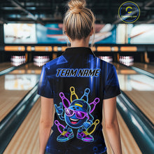 Load image into Gallery viewer, Back view of woman wearing a blue funny neon bowling ball bowling polo shirt, custom bowling team jersey design.
