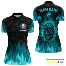 Load image into Gallery viewer, Fire Flame Skull Darts Polo &amp; Quarter Zip Custom Darts Shirts For Women, Darts Team Jersey|Turquoise TDM5320