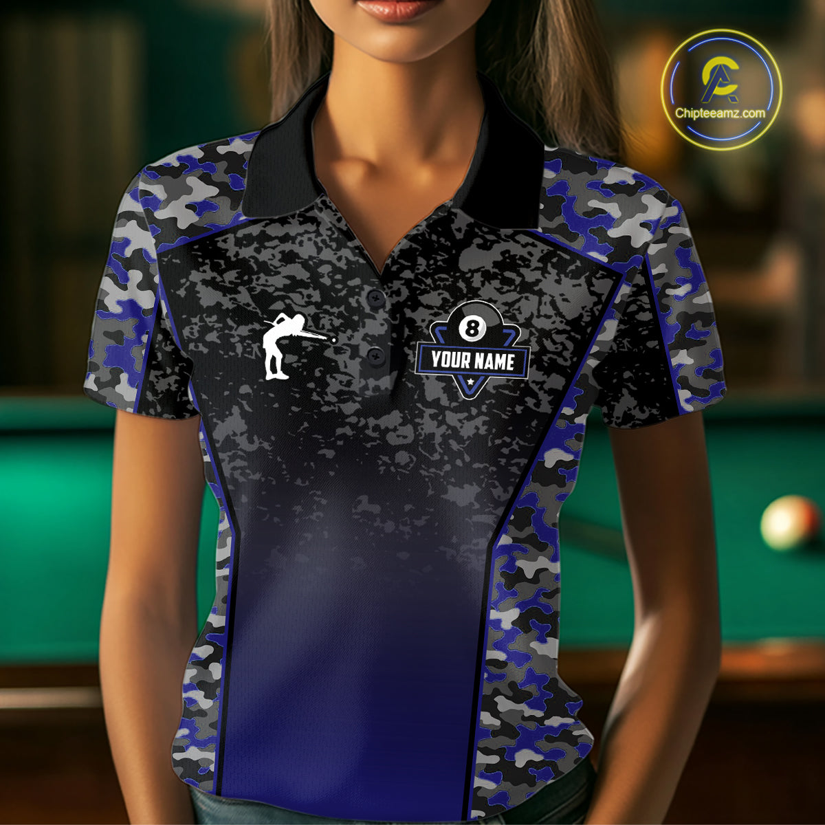 Navy Blue Camo 8 Ball Billiard Shirt For Women Custom Pool Team Shirt, Billiard Jersey Polo & 1/4 Zip TDM5580