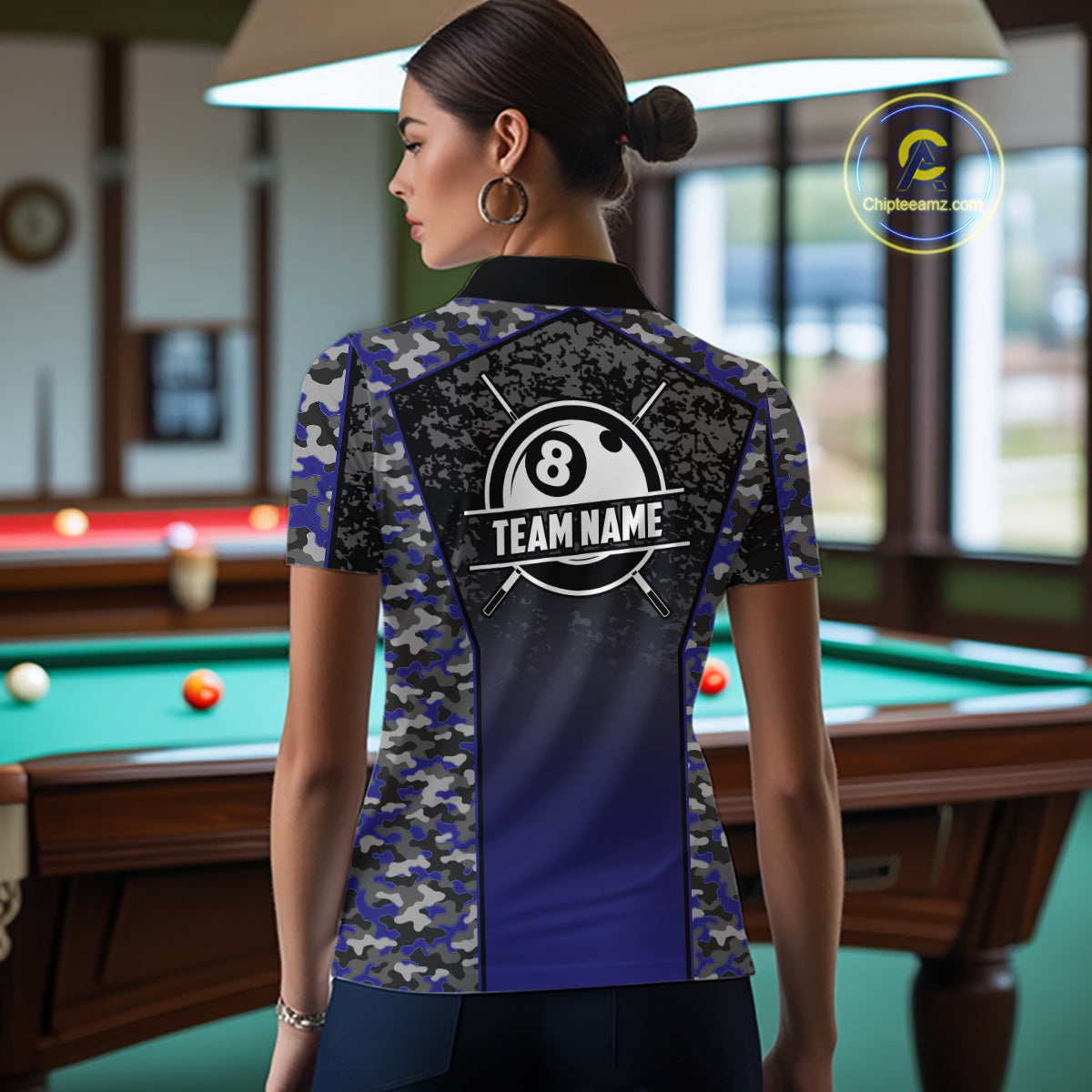 Navy Blue Camo 8 Ball Billiard Shirt For Women Custom Pool Team Shirt, Billiard Jersey Polo & 1/4 Zip TDM5580