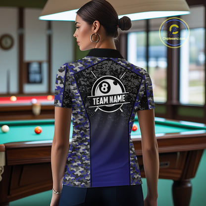 Navy Blue Camo 8 Ball Billiard Shirt For Women Custom Pool Team Shirt, Billiard Jersey Polo & 1/4 Zip TDM5580