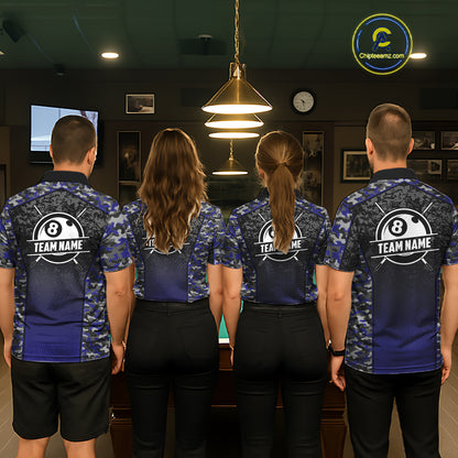 Navy Blue Camo 8 Ball Billiard Shirt For Women Custom Pool Team Shirt, Billiard Jersey Polo & 1/4 Zip TDM5580