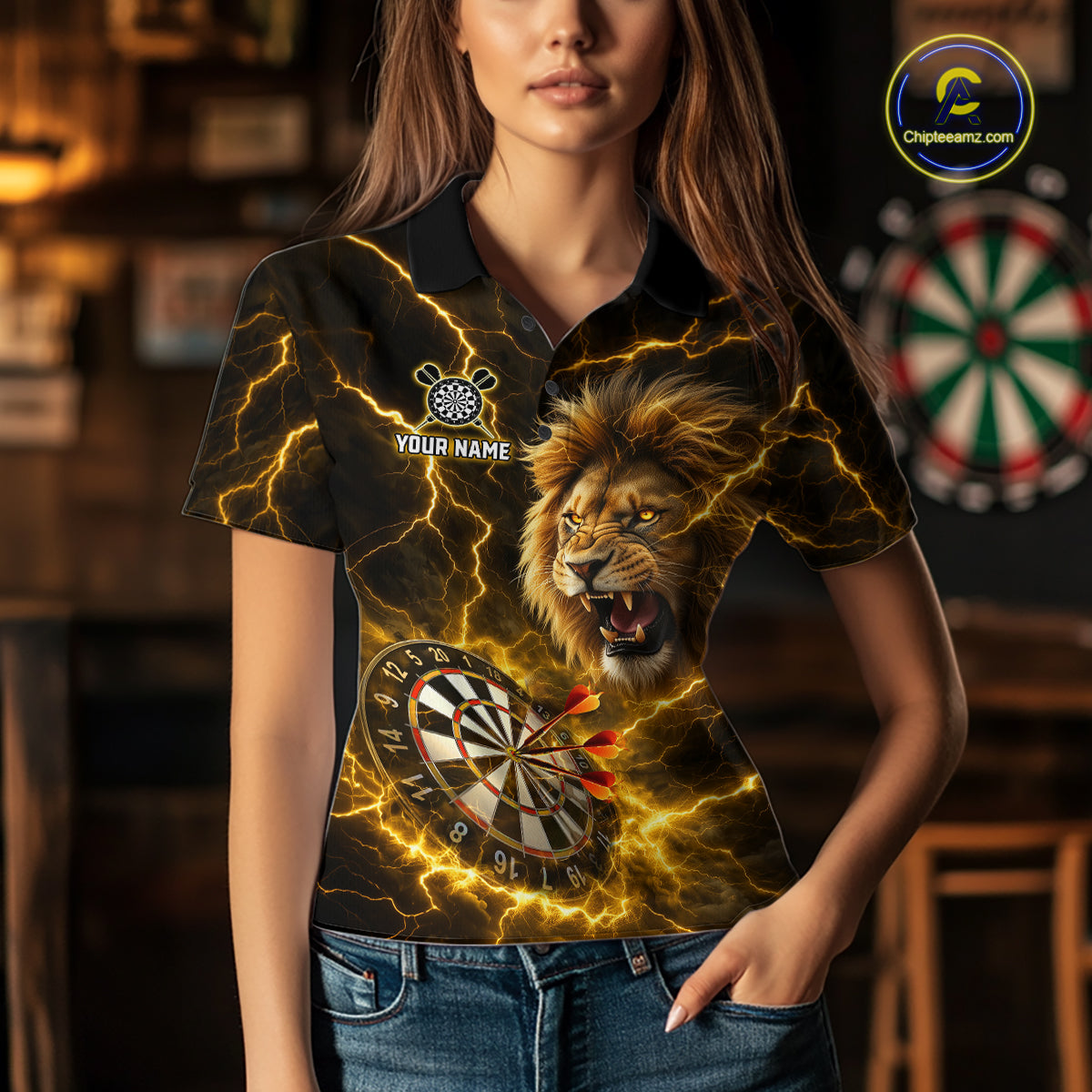 Custom Yellow Dartboard Thunder Lightning Lion Darts Shirt For Women, Darts League Team Jersey TDM5815