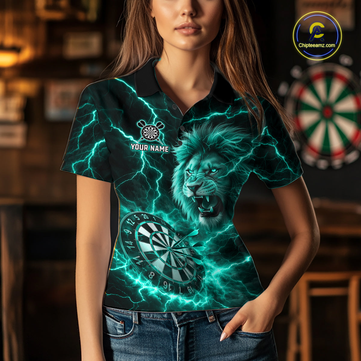 Custom Turquoise Dartboard Thunder Lightning Lion Darts Shirt For Women, Darts League Team Jersey TDM5816