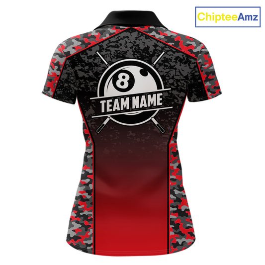 Red Camo 8 Ball Billiard Shirt For Women Custom Pool Team Shirt, Billiard Jersey Polo & 1/4 Zip TDM6200