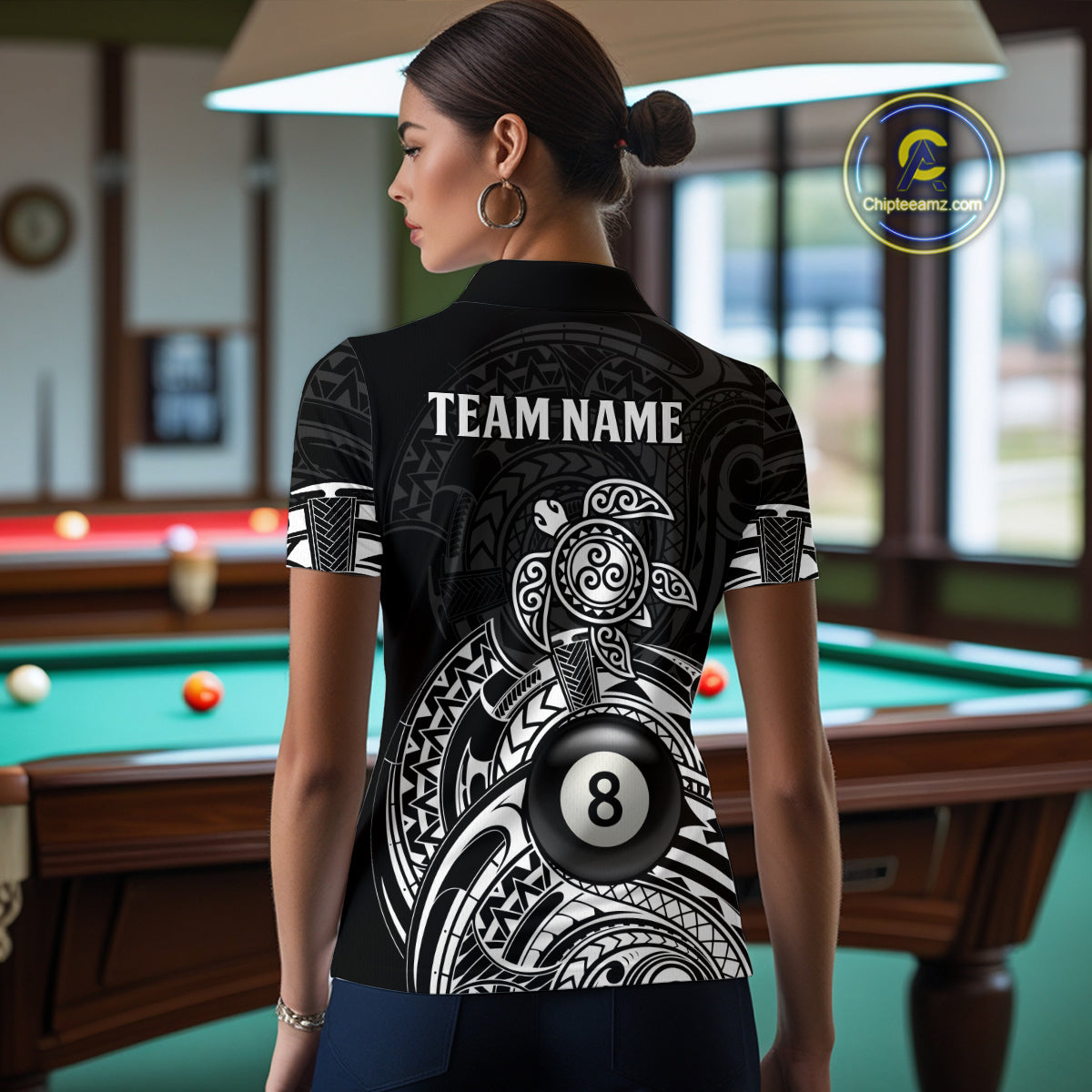Custom White Black Tribal Turtle Billiard Shirts For Women | 8 Ball Pool Team Jerseys TDM4690