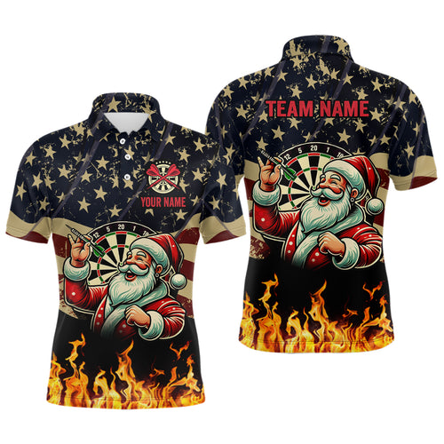 Funny Christmas Santa Playing Darts Custom USA Flag Fire Men Dart Shirts, Patriotic Dart Jerseys TDM2848