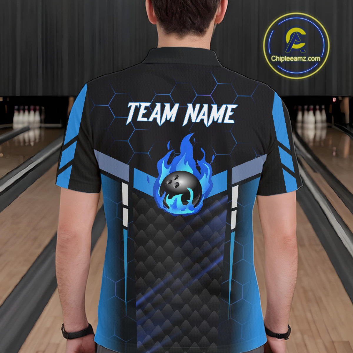 Black And Blue Bowling Jersey For Men Custom Flame Bowling Shirt Team Polo & Quarter Zip TDM5823