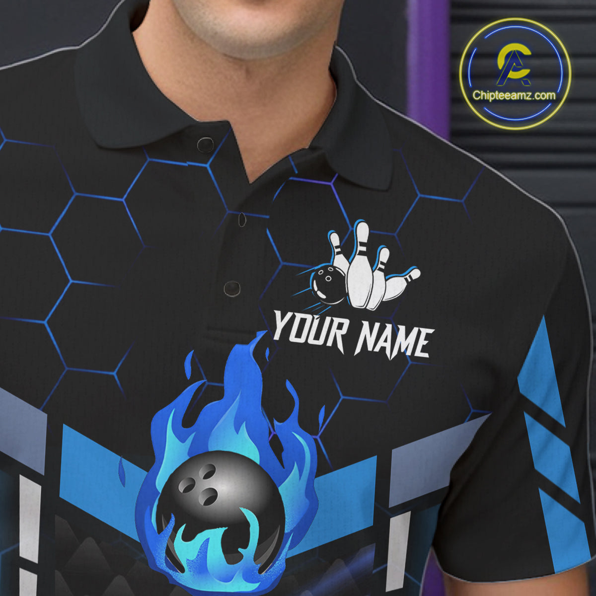 Black And Blue Bowling Jersey For Men Custom Flame Bowling Shirt Team Polo & Quarter Zip TDM5823