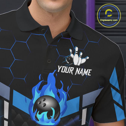 Black And Blue Bowling Jersey For Men Custom Flame Bowling Shirt Team Polo & Quarter Zip TDM5823