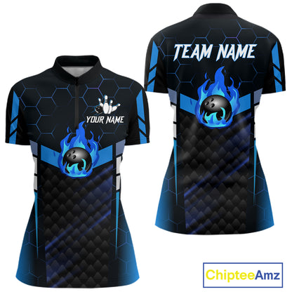 Black And Blue Bowling Jersey For Women Custom Flame Bowling Shirt Team Polo & Quarter Zip TDM5823