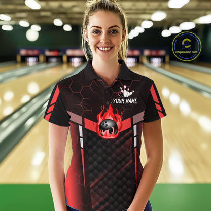 Black And Red Bowling Jersey For Women Custom Flame Bowling Shirt Team Polo & Quarter Zip TDM5824