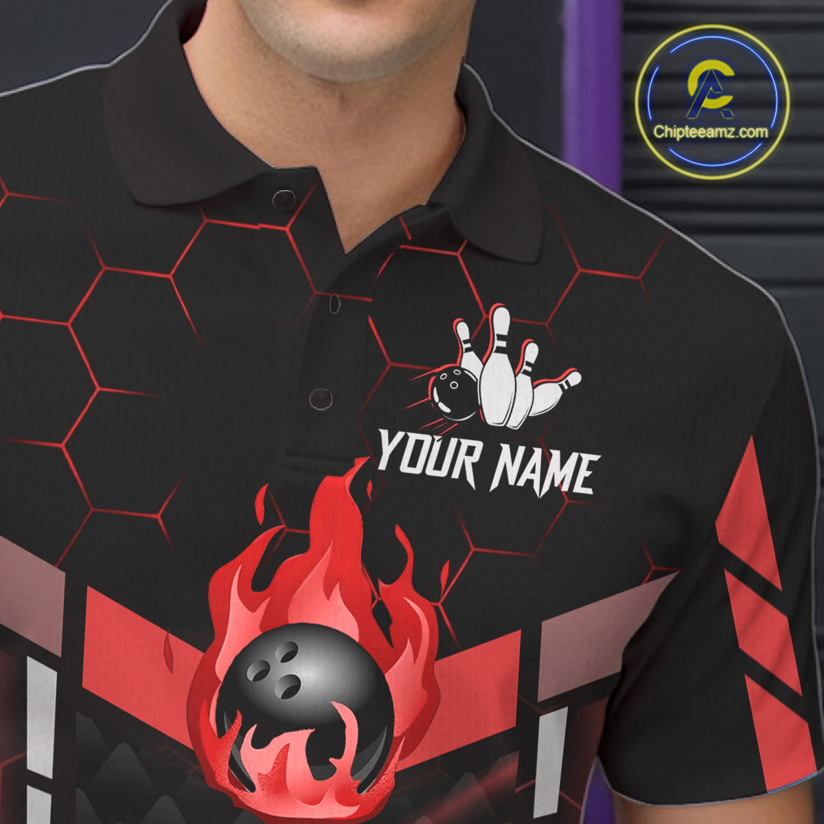 Black And Red Bowling Jersey For Men Custom Flame Bowling Shirt Team Polo & Quarter Zip TDM5824