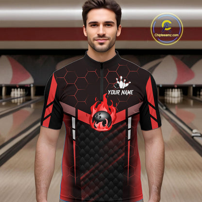 Black And Red Bowling Jersey For Men Custom Flame Bowling Shirt Team Polo & Quarter Zip TDM5824