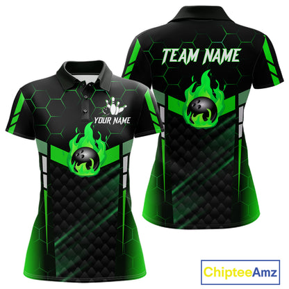 Black And Green Bowling Jersey For Women Custom Flame Bowling Shirt Team Polo & Quarter Zip TDM5825