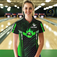 Load image into Gallery viewer, Black And Green Bowling Jersey For Women Custom Flame Bowling Shirt Team Polo &amp; Quarter Zip TDM5825