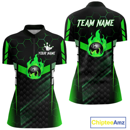 Black And Green Bowling Jersey For Women Custom Flame Bowling Shirt Team Polo & Quarter Zip TDM5825