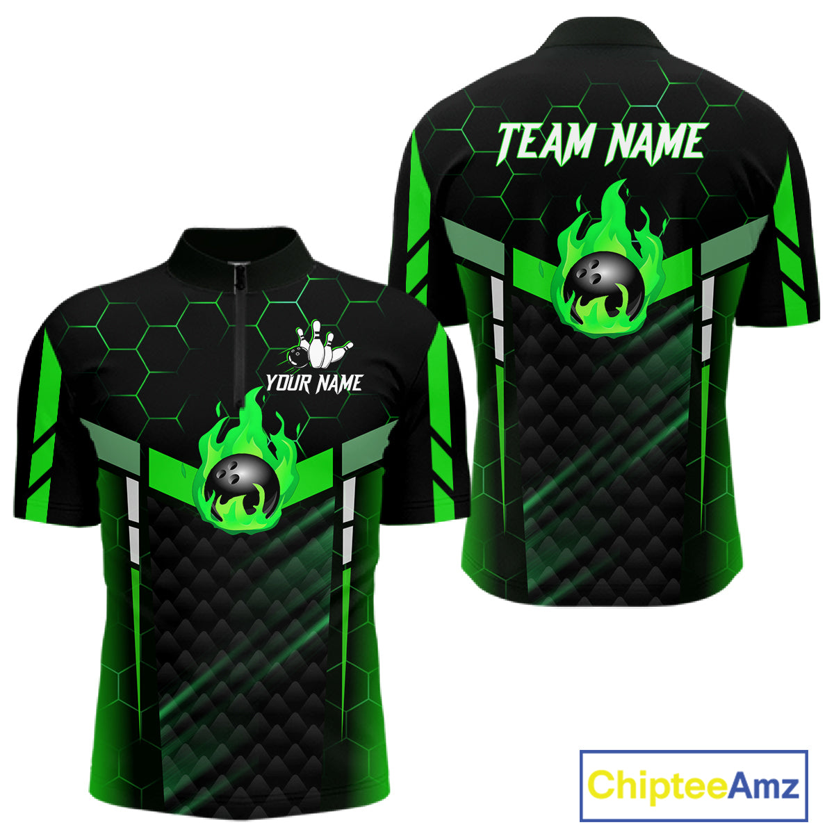 Black And Green Bowling Jersey For Men Custom Flame Bowling Shirt Team Polo & Quarter Zip TDM5825