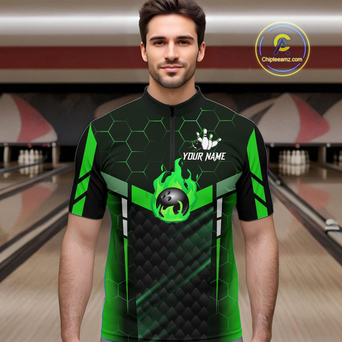 Black And Green Bowling Jersey For Men Custom Flame Bowling Shirt Team Polo & Quarter Zip TDM5825