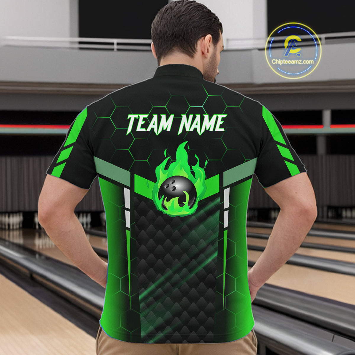 Black And Green Bowling Jersey For Men Custom Flame Bowling Shirt Team Polo & Quarter Zip TDM5825