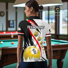 Load image into Gallery viewer, Back view of woman wearing a red 8 ball and 9 ball pool jersey.
