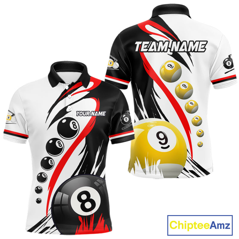 Personalized red 8 ball and 9 ball custom billiard polo shirt for men, billiard league team jersey.
