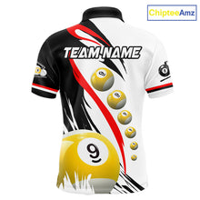 Load image into Gallery viewer, Red 8 ball and 9 ball pool team polo shirt for men with custom billiard graphics.