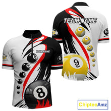Load image into Gallery viewer, Red 8 ball and 9 ball quarter zip billiard shirt for men, custom pool team jersey.