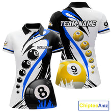Load image into Gallery viewer, Personalized blue 8 ball and 9 ball custom billiard polo shirt for women, billiard team jersey.