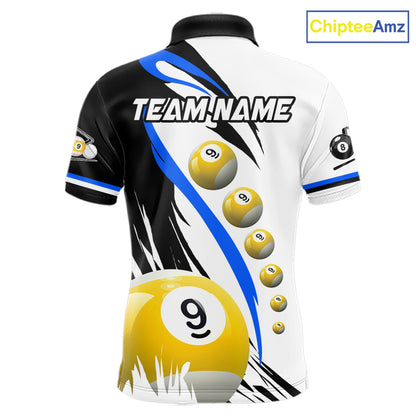 Blue 8 ball and 9 ball pool team polo shirt for men with custom billiard graphics.