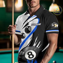Load image into Gallery viewer, Man wearing a blue 8 ball and 9 ball billiard jersey front view.