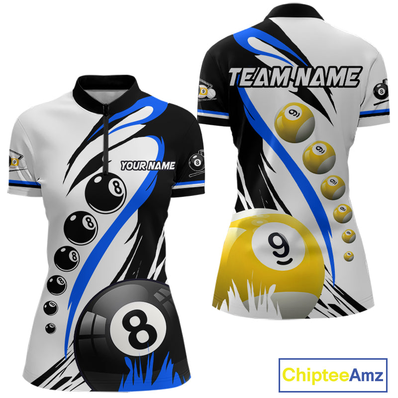Blue 8 ball and 9 ball quarter zip billiard shirt for women, custom pool team jersey.