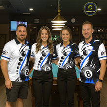 Load image into Gallery viewer, Pool team wearing matching blue 8 ball and 9 ball billiard jerseys front view.