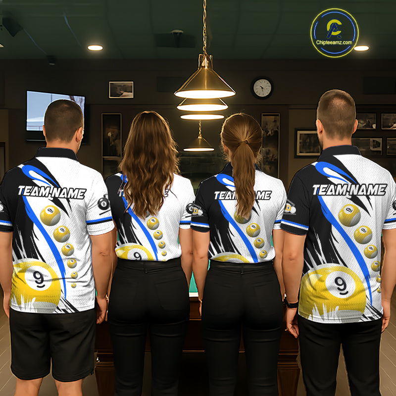 Back view of pool team wearing matching blue 8 ball and 9 ball billiard shirts.