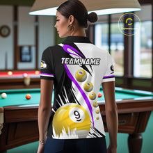 Load image into Gallery viewer, Back view of woman wearing a purple 8 ball and 9 ball pool jersey.
