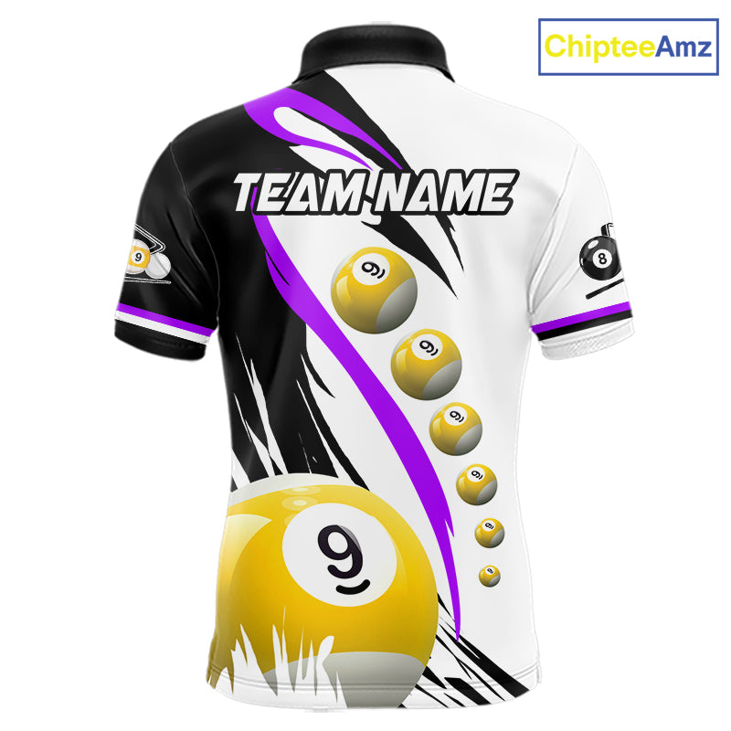 Purple 8 ball and 9 ball pool team polo shirt for men with custom billiard graphics.