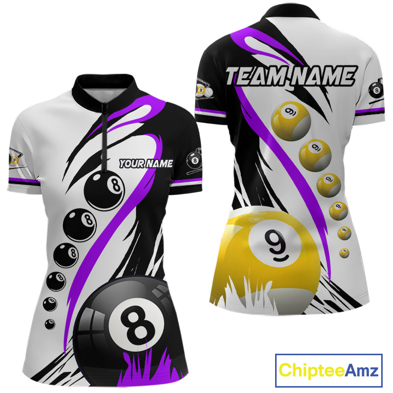 Purple 8 ball and 9 ball quarter zip billiard shirt for women, custom pool team jersey.