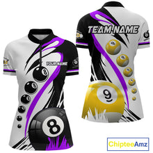 Load image into Gallery viewer, Purple 8 ball and 9 ball quarter zip billiard shirt for women, custom pool team jersey.