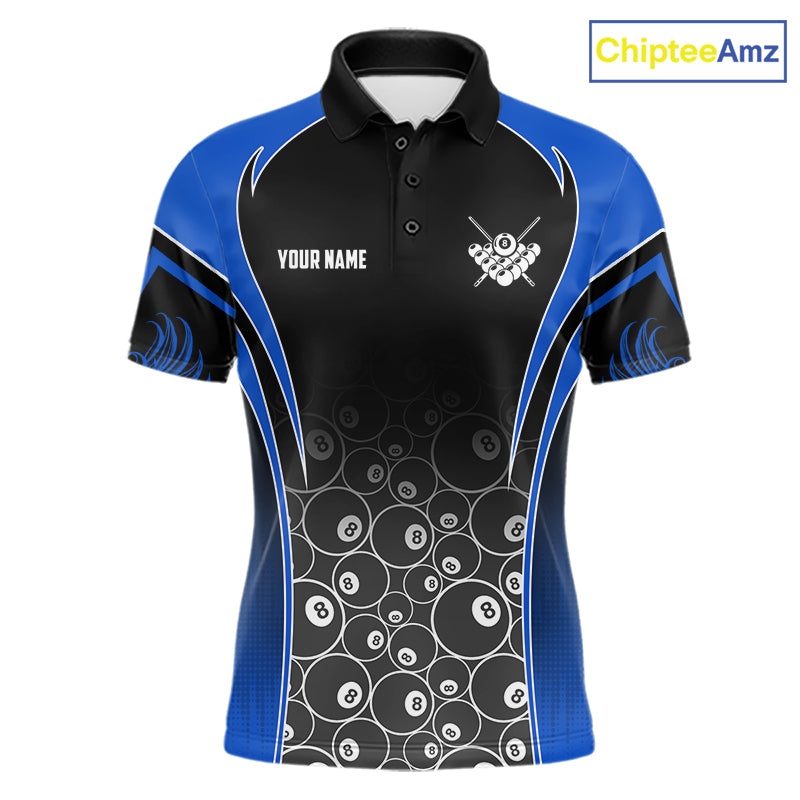 Personalized Black and Blue 8 Ball Wings Billiard Polo Shirt for Men Featuring Striking Winged 8 Ball Artwork for Pool League Players, Team Competition, and Tournament Events