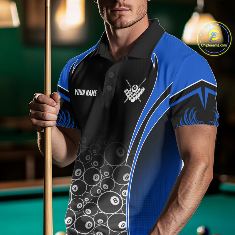 Man Wearing Personalized Black and Blue 8 Ball Wings Billiard Polo Shirt with Athletic Performance Fit and Bold Winged 8 Ball Graphic Artwork, Front View